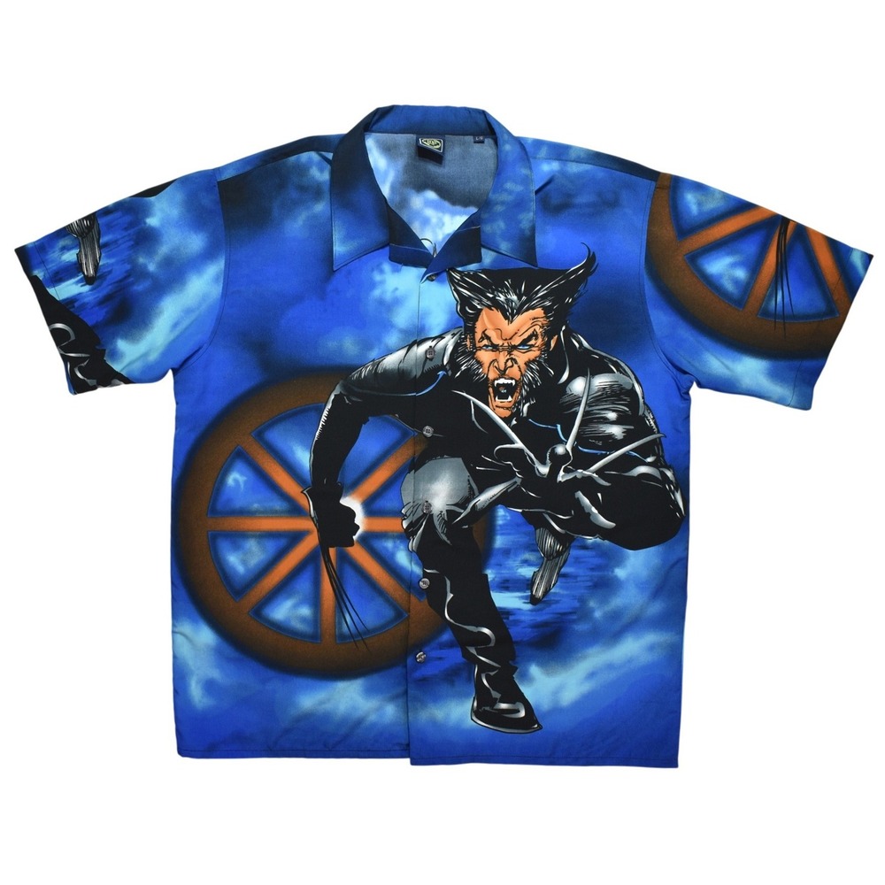 Marvel Wolverine X-Men Graphic Button Up Shirt Blue Mens Large Vintage Style A2